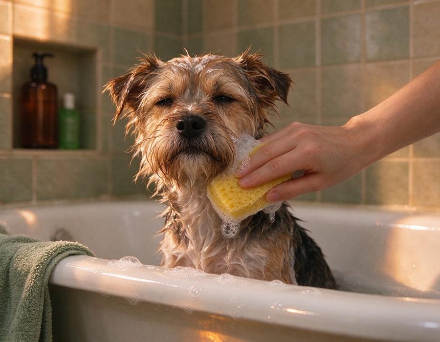 A small dog being washed in a bath, looking unimpressed but clean