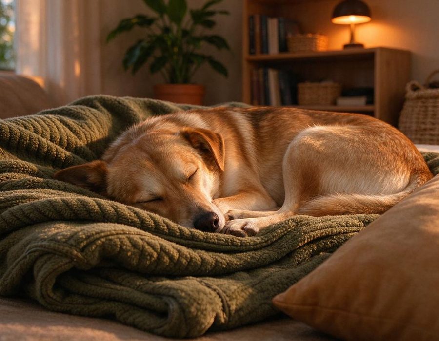 A dog curled up asleep on a blanket in a living room