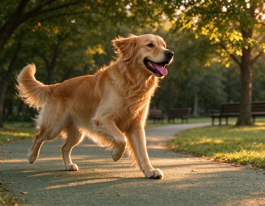 A dog trotting along a green park path with trees overhead