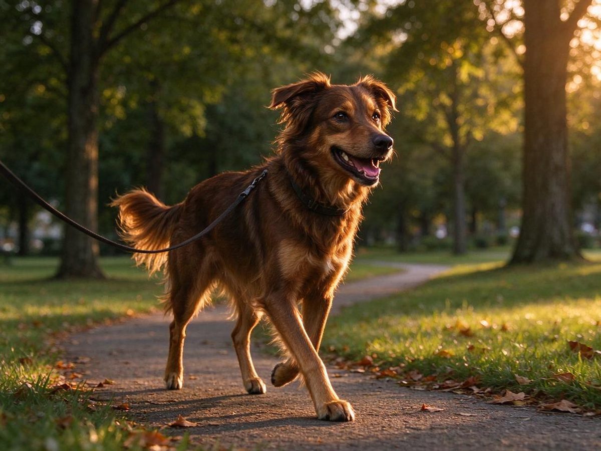 A happy dog on a leafy neighbourhood walk at golden hour
